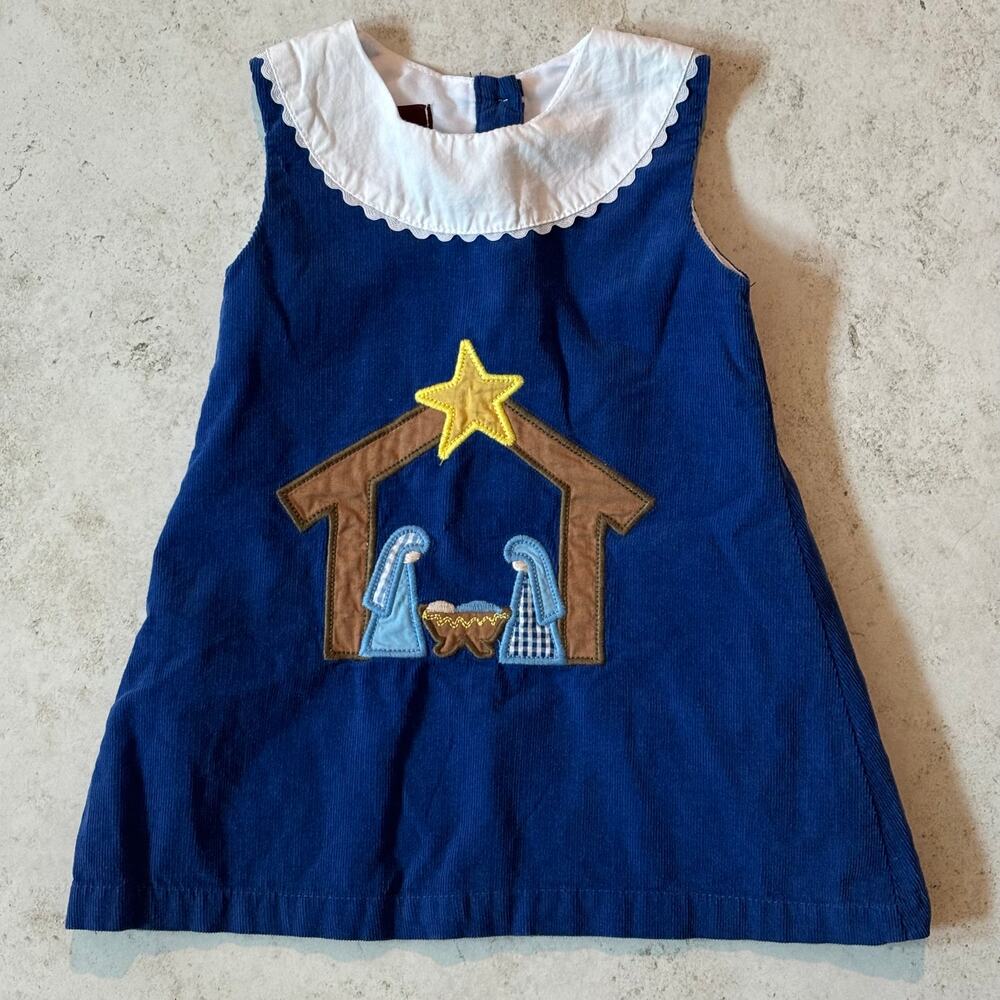 Girl Lil Cactus Blue Nativity Scene Dress Blue Corduroy Ric Rac Collar Size 3-6m
